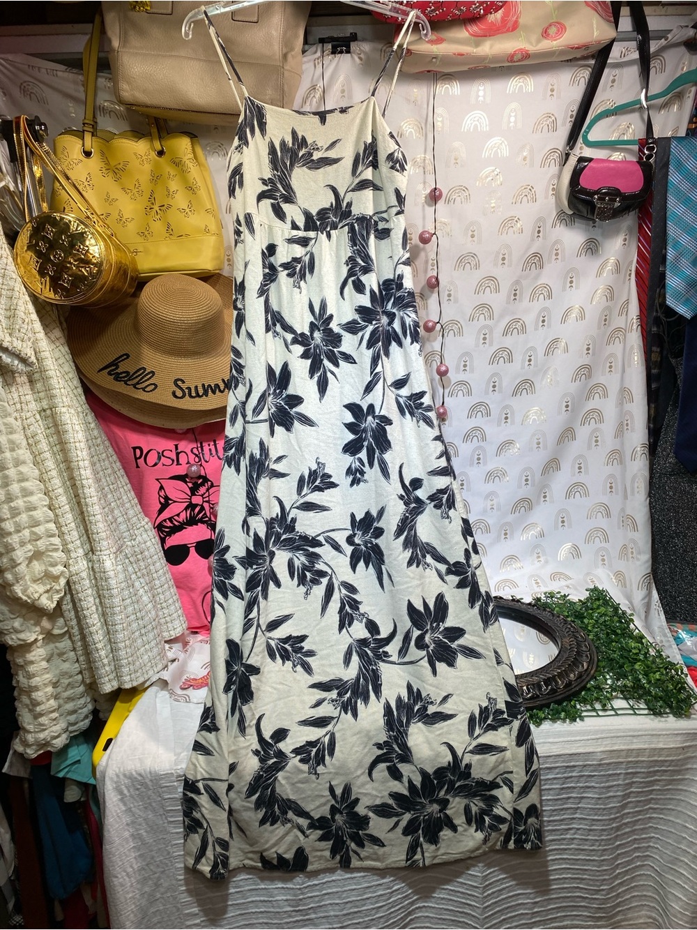 Cream Maxi Sundress with Black Floral Print
